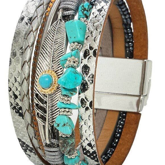 Fashion Pu Leather Alloy Rhinestone Inlay Turquoise Layered Bracelet. - Picture 2 of 3